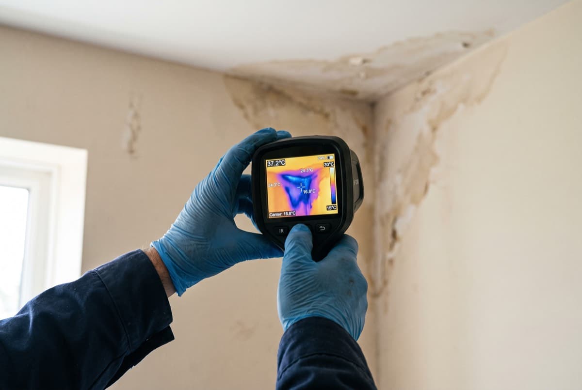 Caméra thermique pointée vers un angle de plafond taché par un dégât des eaux