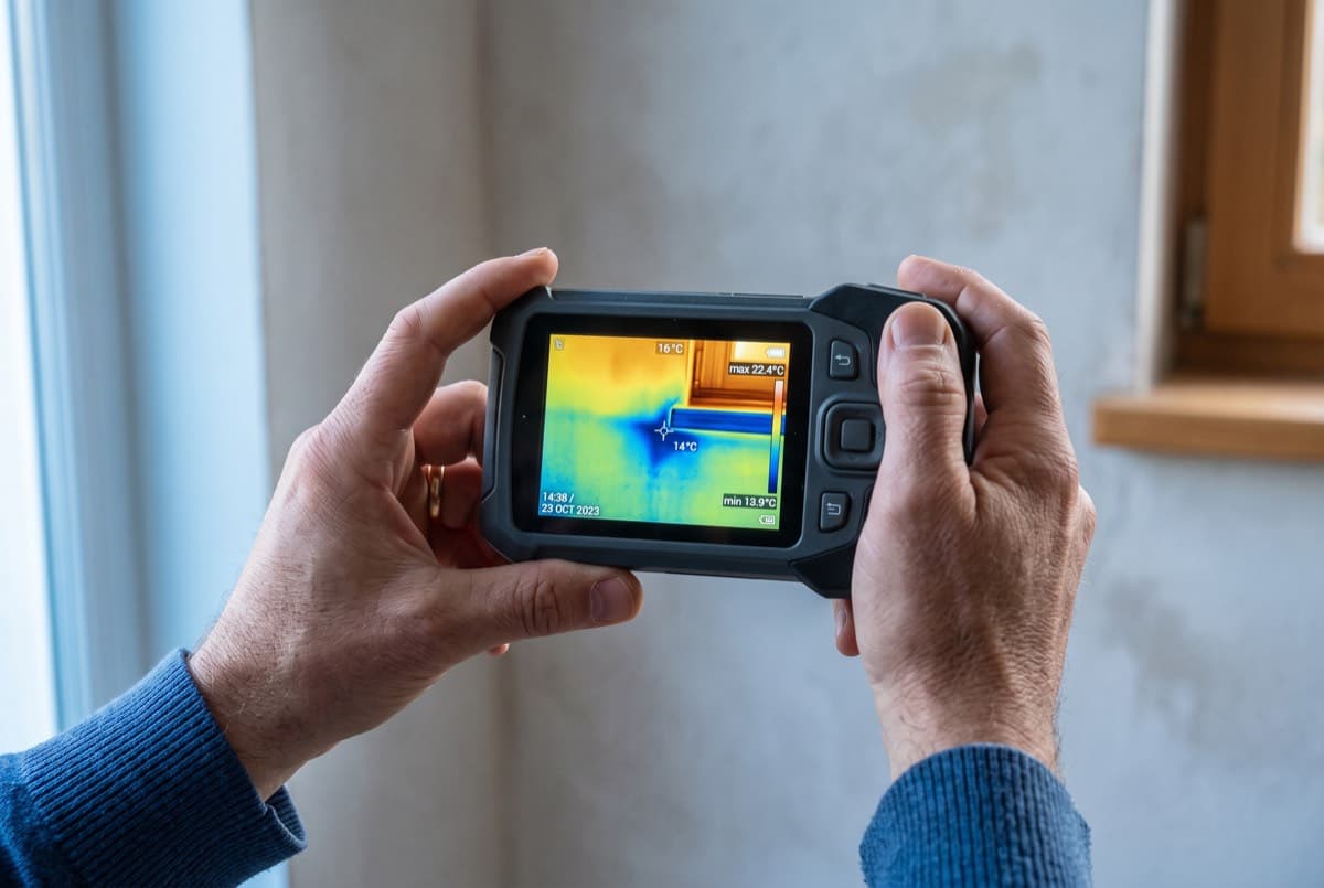 Écran de caméra thermique affichant une zone froide révélant une fuite dans un mur