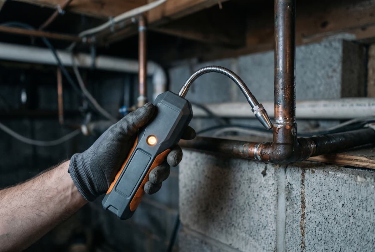 Détecteur de gaz traceur avec sonde flexible près d'un raccord de canalisation