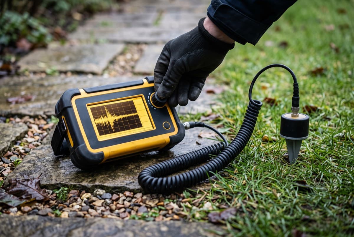 Corrélateur acoustique posé au sol dans un jardin, relié à un géophone planté dans l'herbe