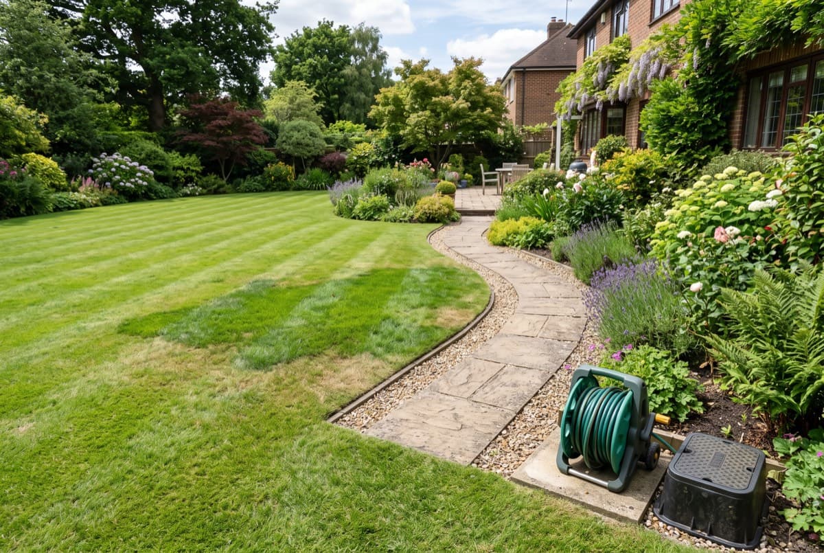 Zone de pelouse anormalement verte et détrempée près d'une allée de jardin