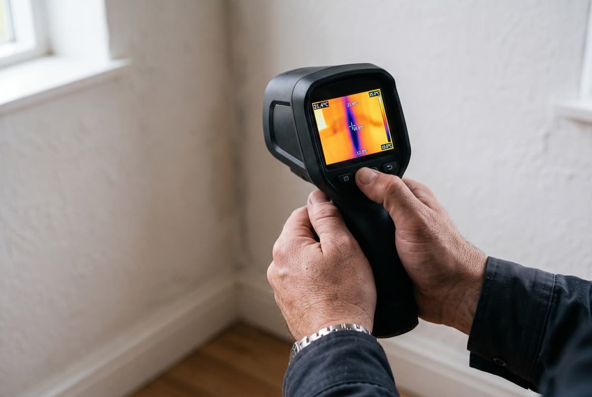 Écran de caméra thermique montrant une trace verticale froide le long d'un mur