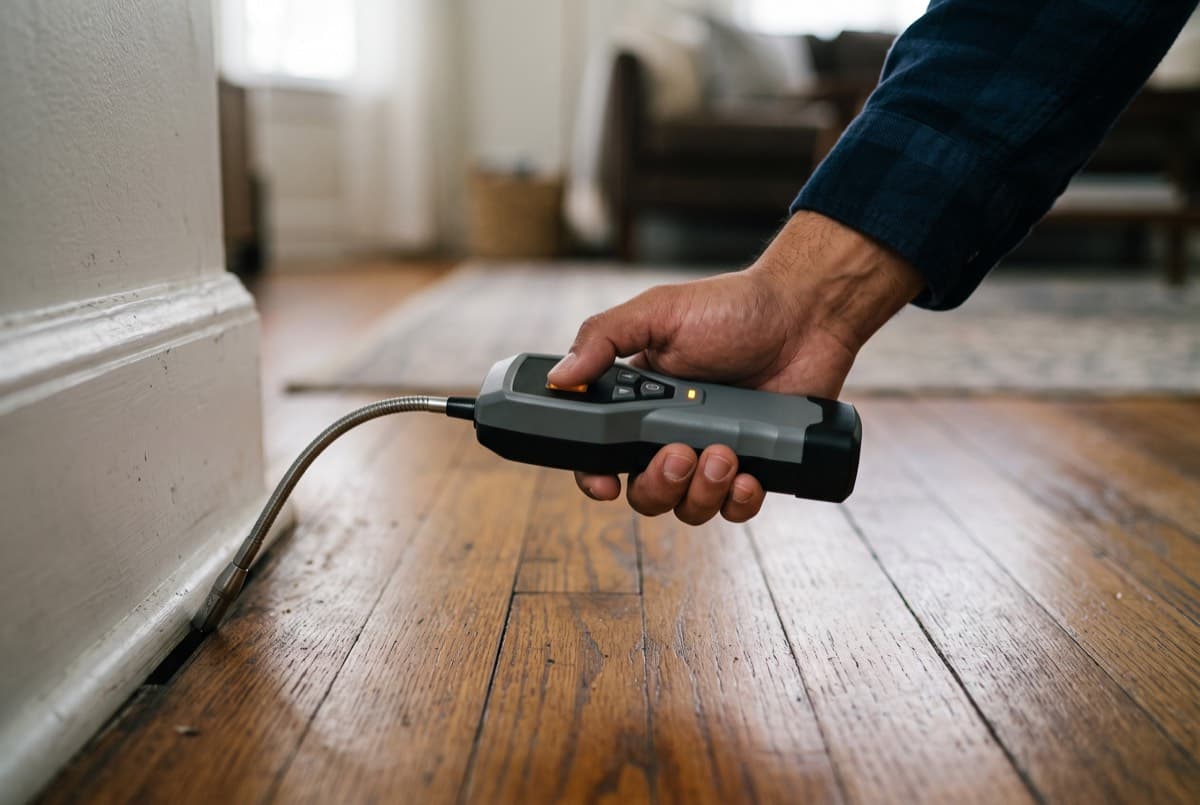 Détecteur de gaz traceur avec sonde posée près d'une plinthe sur un plancher bois