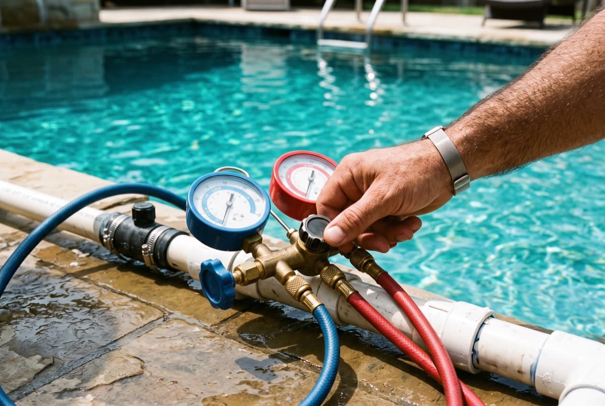 Manomètres de test de pression connectés au circuit hydraulique d'une piscine