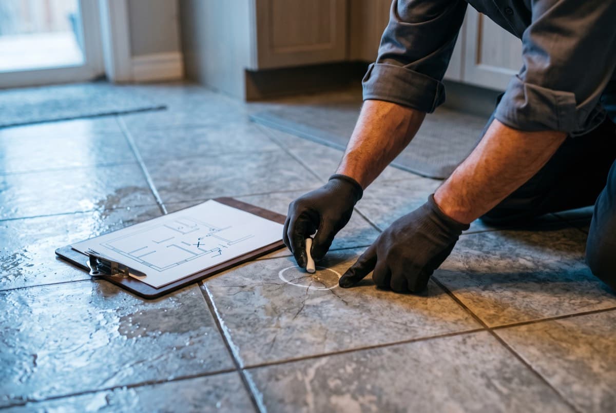 Marquage à la craie de l’emplacement exact d’une fuite sur un carrelage