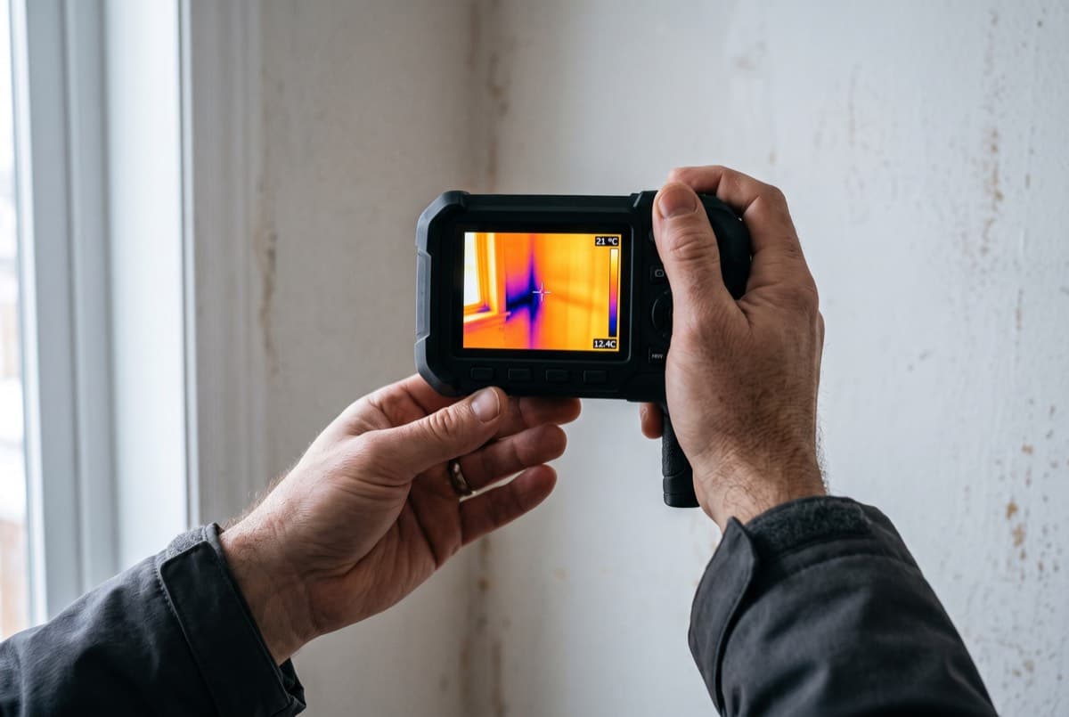 Caméra thermique révélant une zone froide sur un mur intérieur