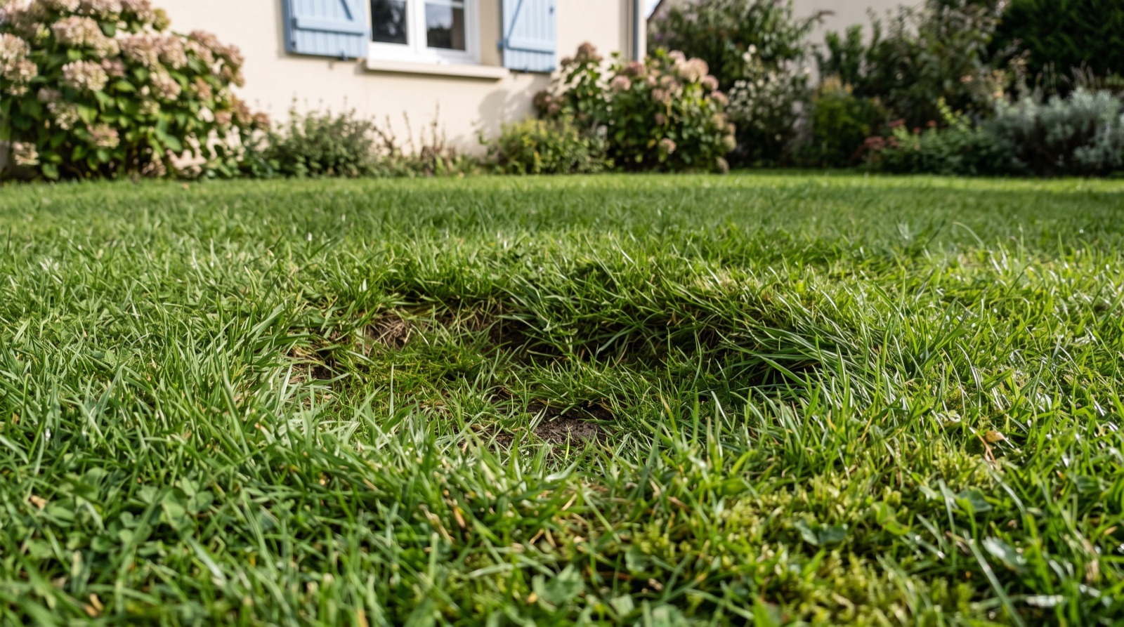Léger affaissement visible dans une pelouse de jardin résidentiel
