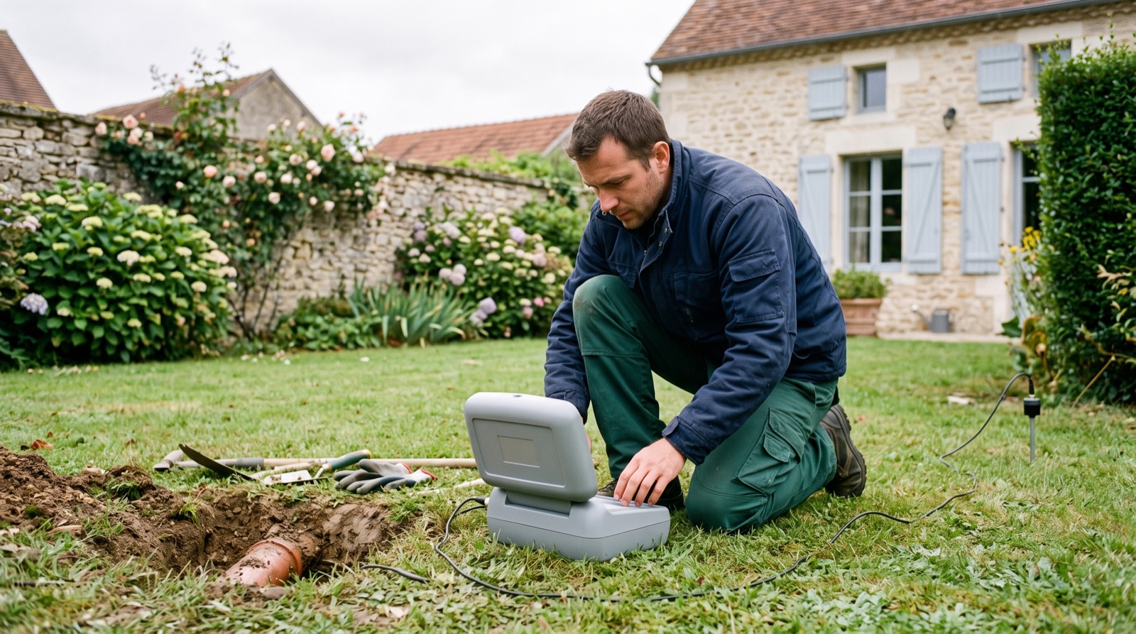 Technicien utilisant un corrélateur acoustique près d'une zone de terrain affaissée dans un jardin