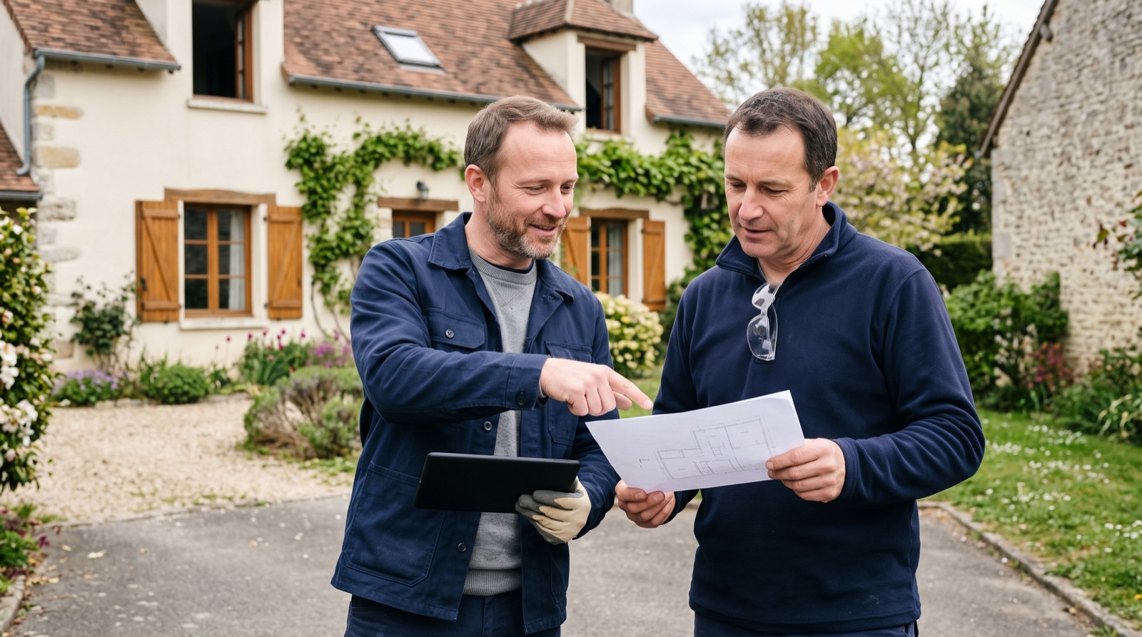 Deux personnes échangeant devant une maison, l'une présentant un document à l'autre