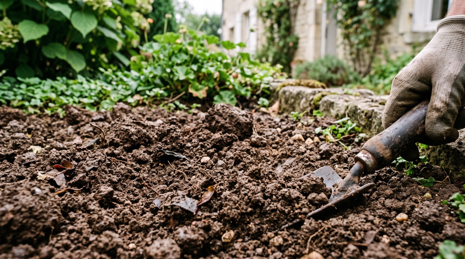 Jardin résidentiel proche d'un cours d'eau, sol humide et végétation dense