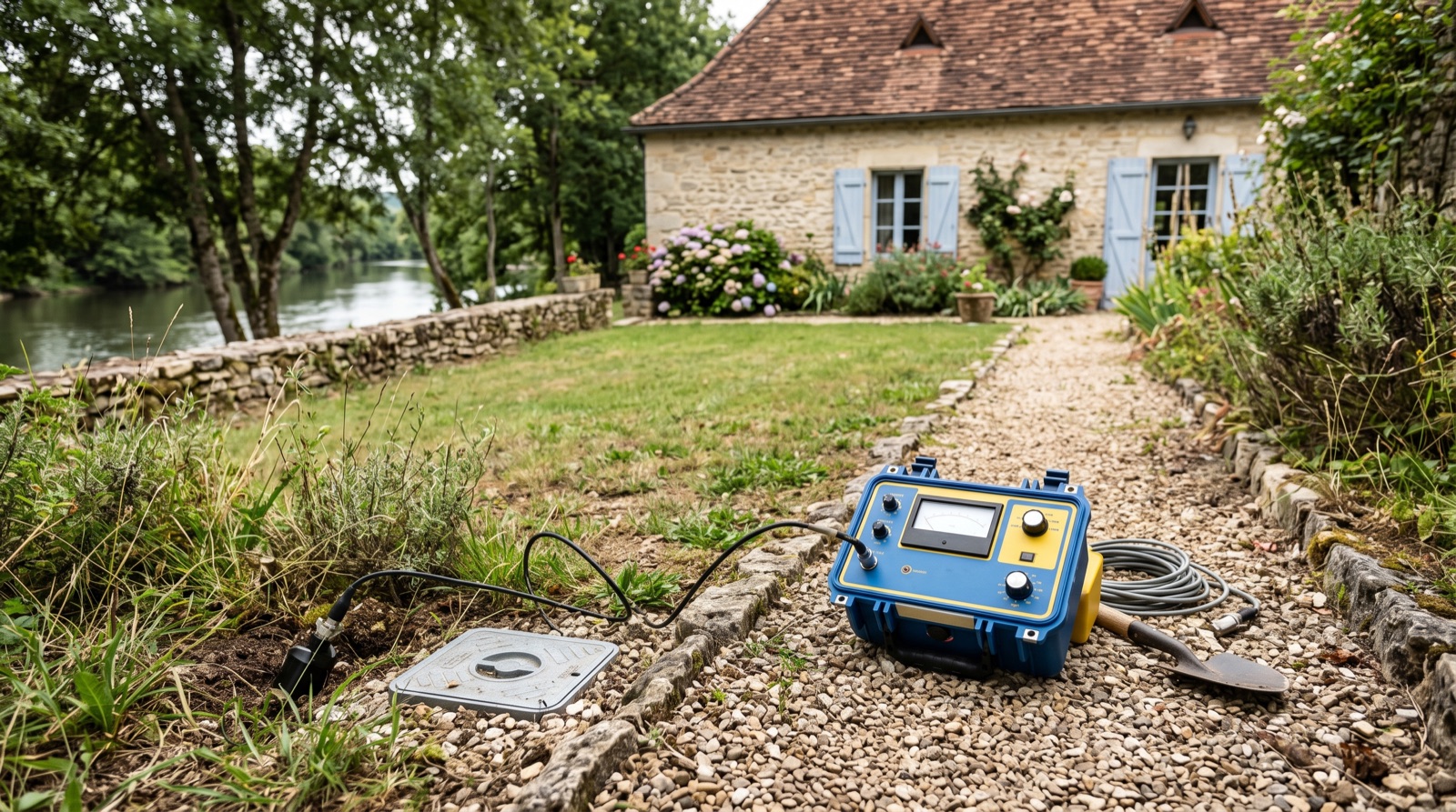 Corrélateur acoustique et matériel de détection posés près d'une allée de jardin