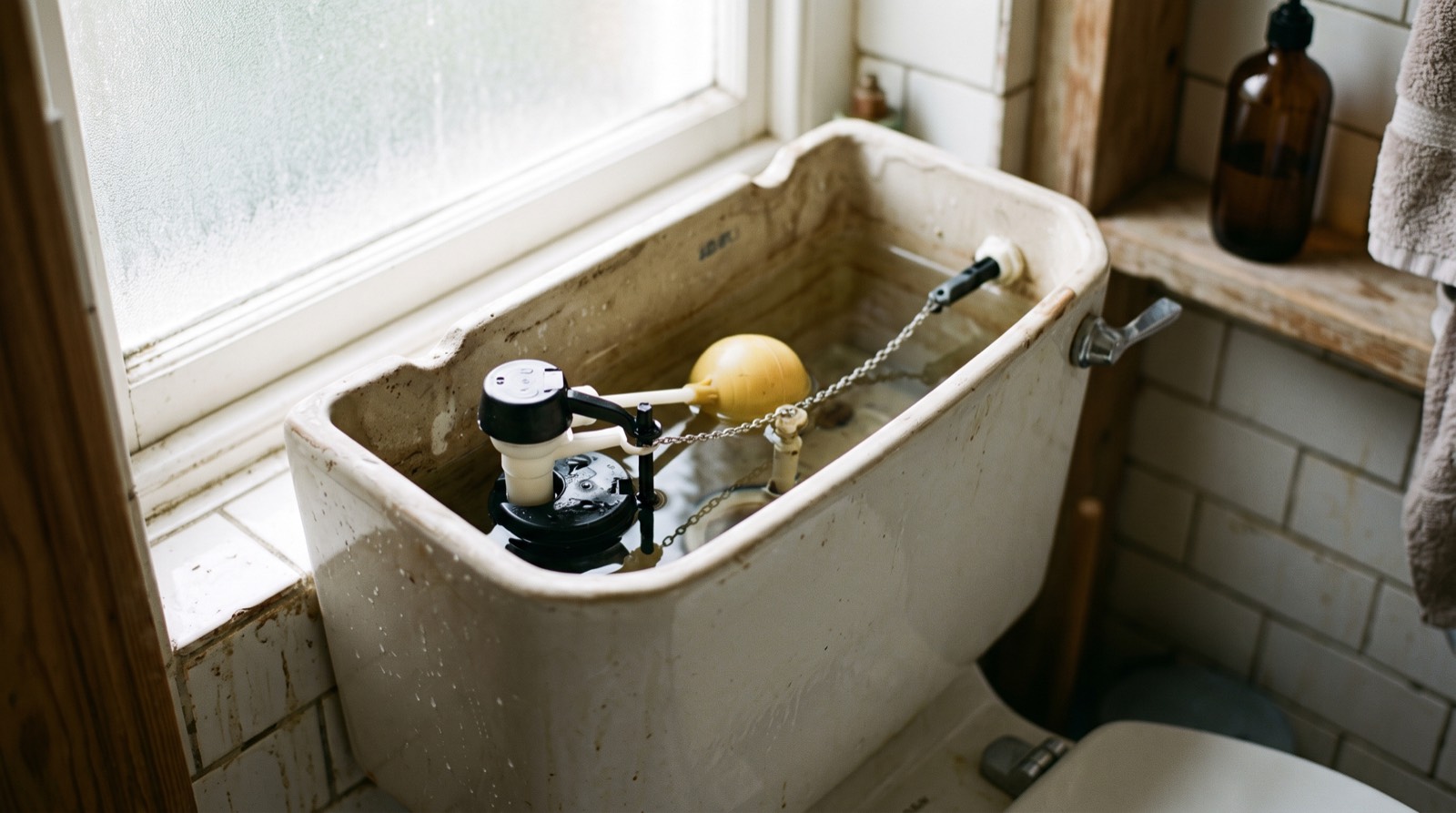 Réservoir de chasse d'eau ouvert avec mécanisme visible