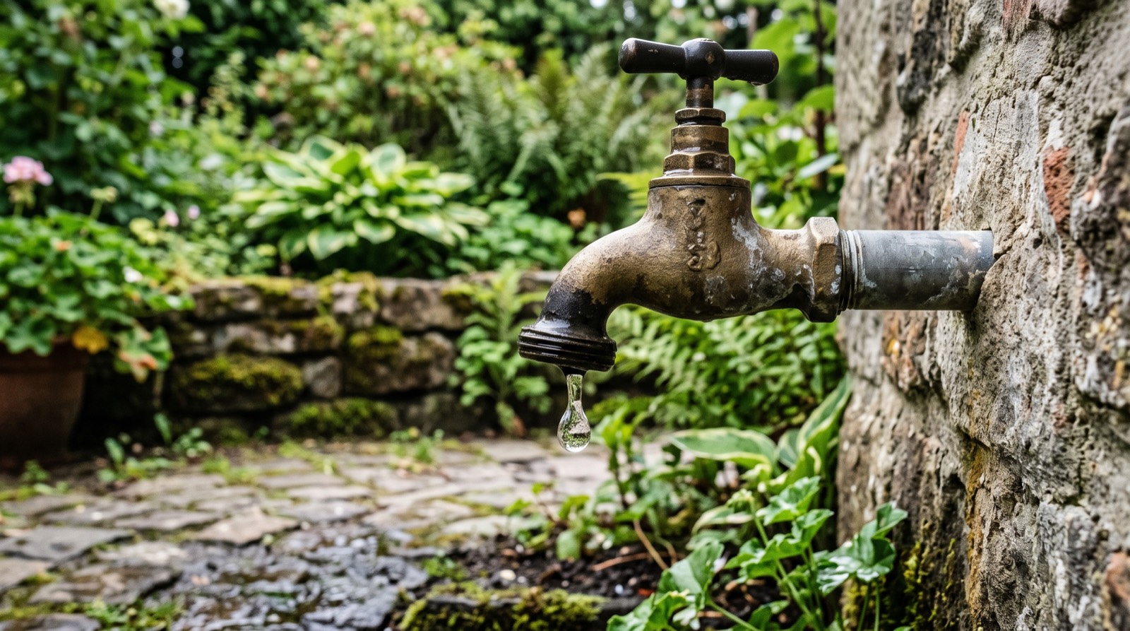 Robinet extérieur avec goutte d'eau visible