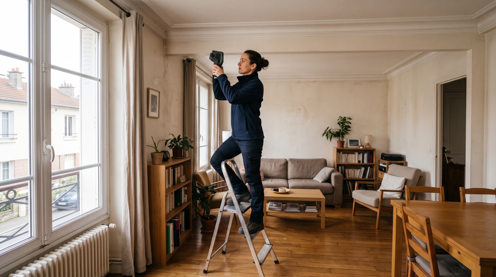 Technicien réalisant un balayage thermique le long d'un plafond avec une caméra portative
