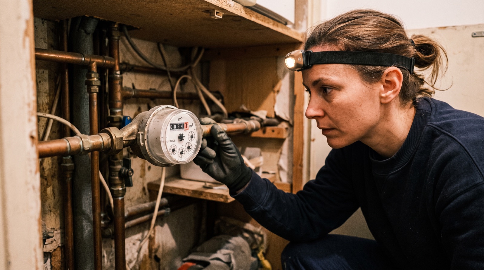 Compteur d'eau observé de près dans un placard technique