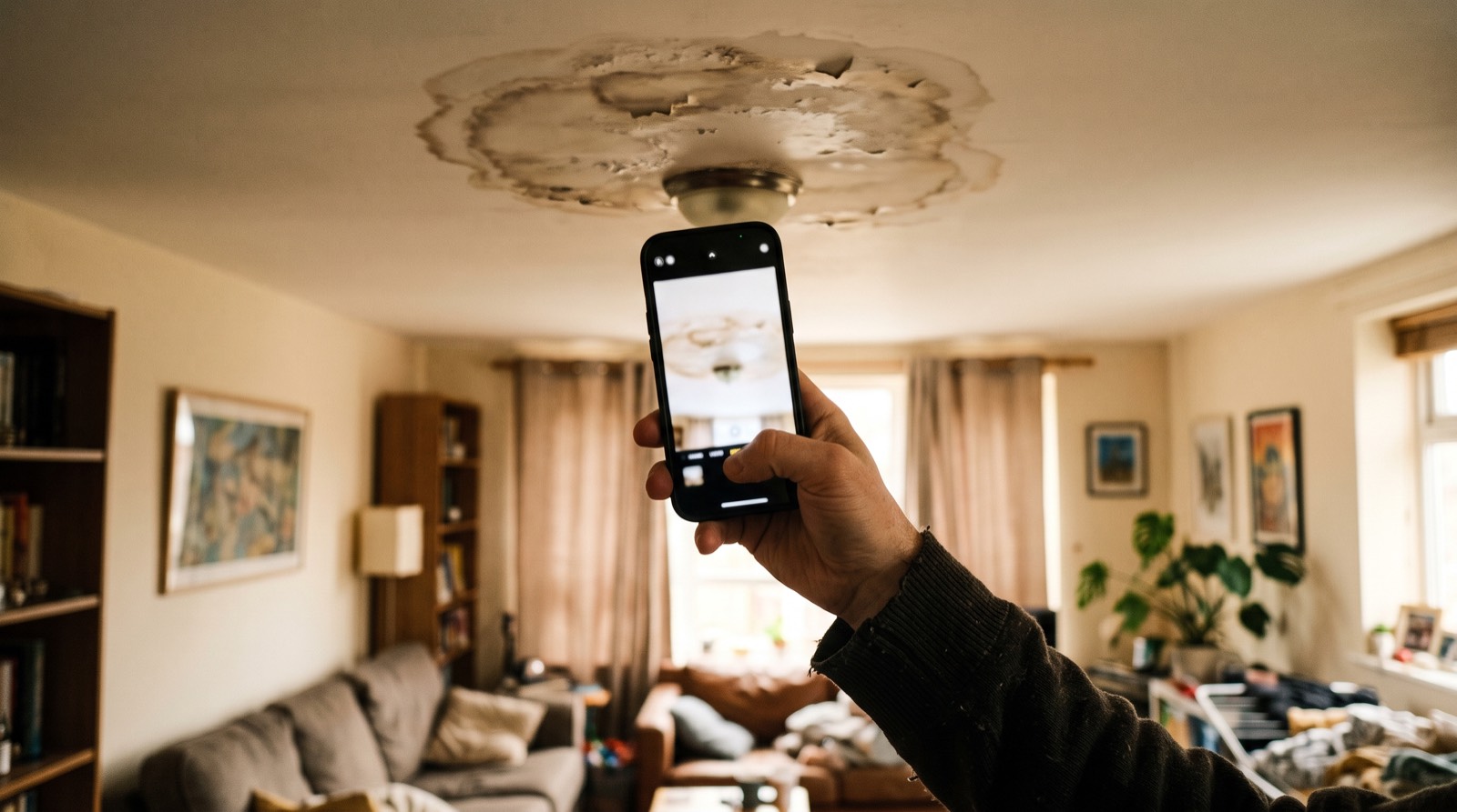 Photo d'un plafond taché prise avec un smartphone