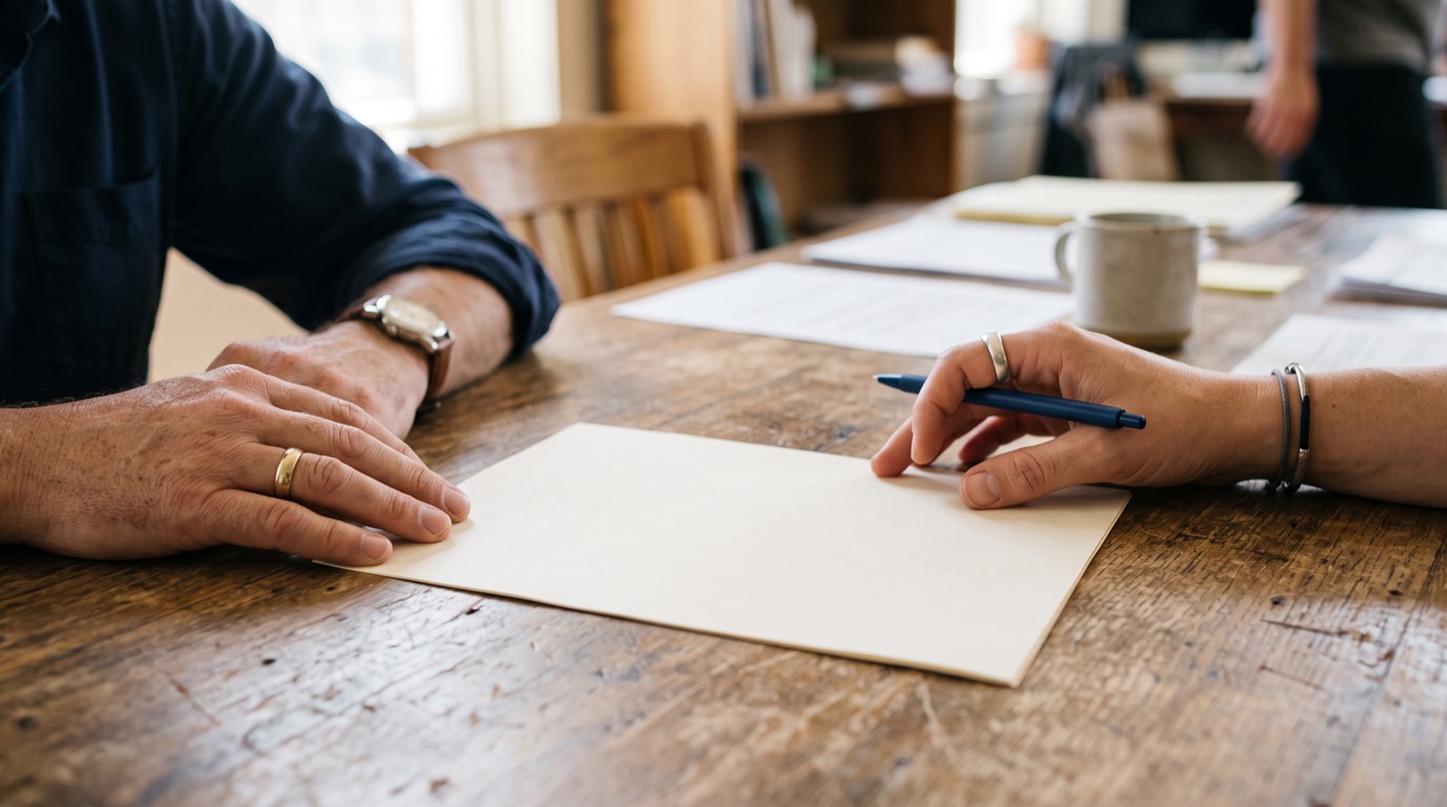 Deux personnes consultant un document sur une table, mains et papier visibles