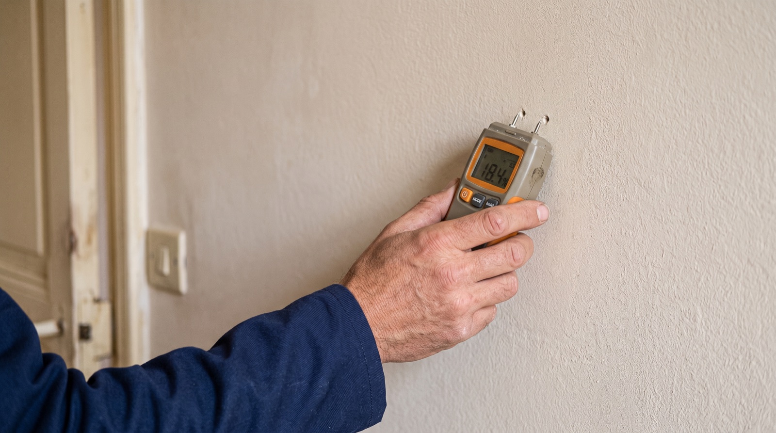 Technicien utilisant un humidimètre sur un mur pour vérifier le taux d'humidité résiduelle