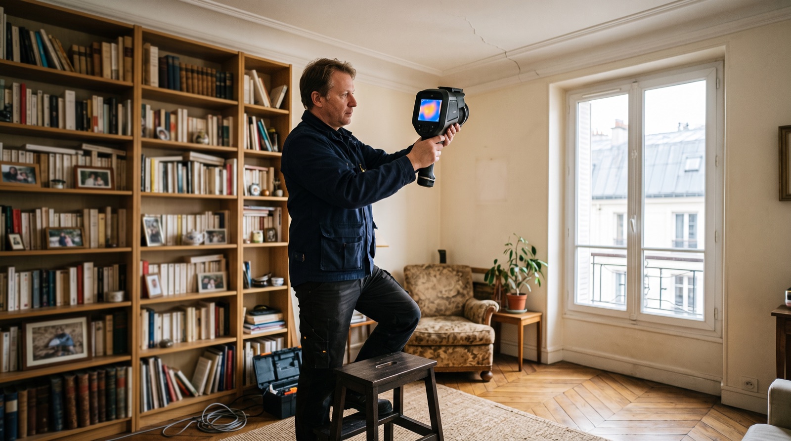 Technicien observant un plafond fissuré avec une caméra thermique