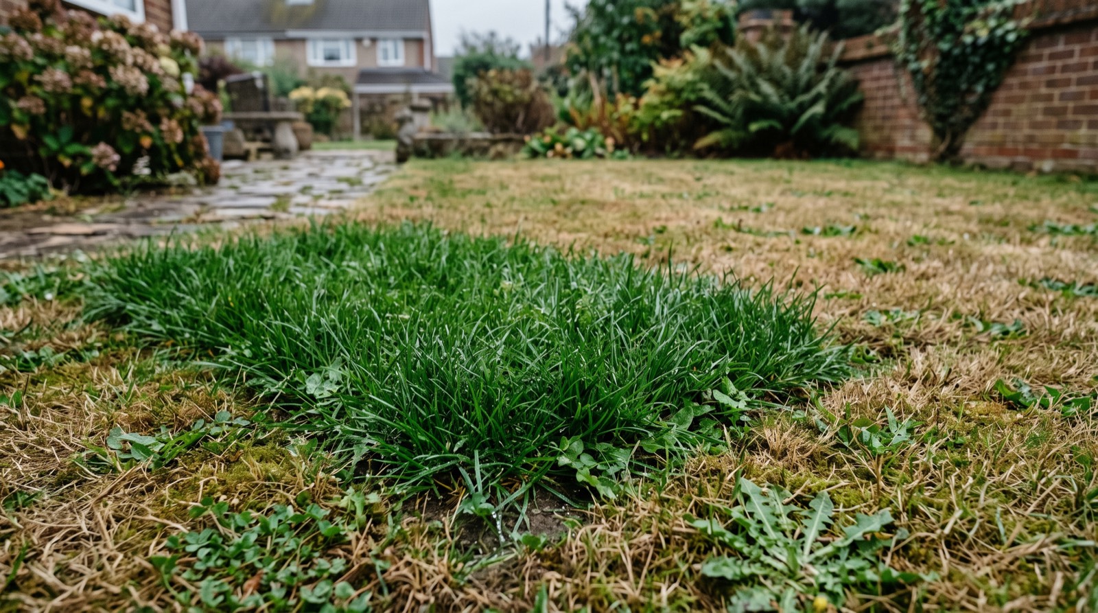 Zone de pelouse anormalement verte et détrempée dans un jardin