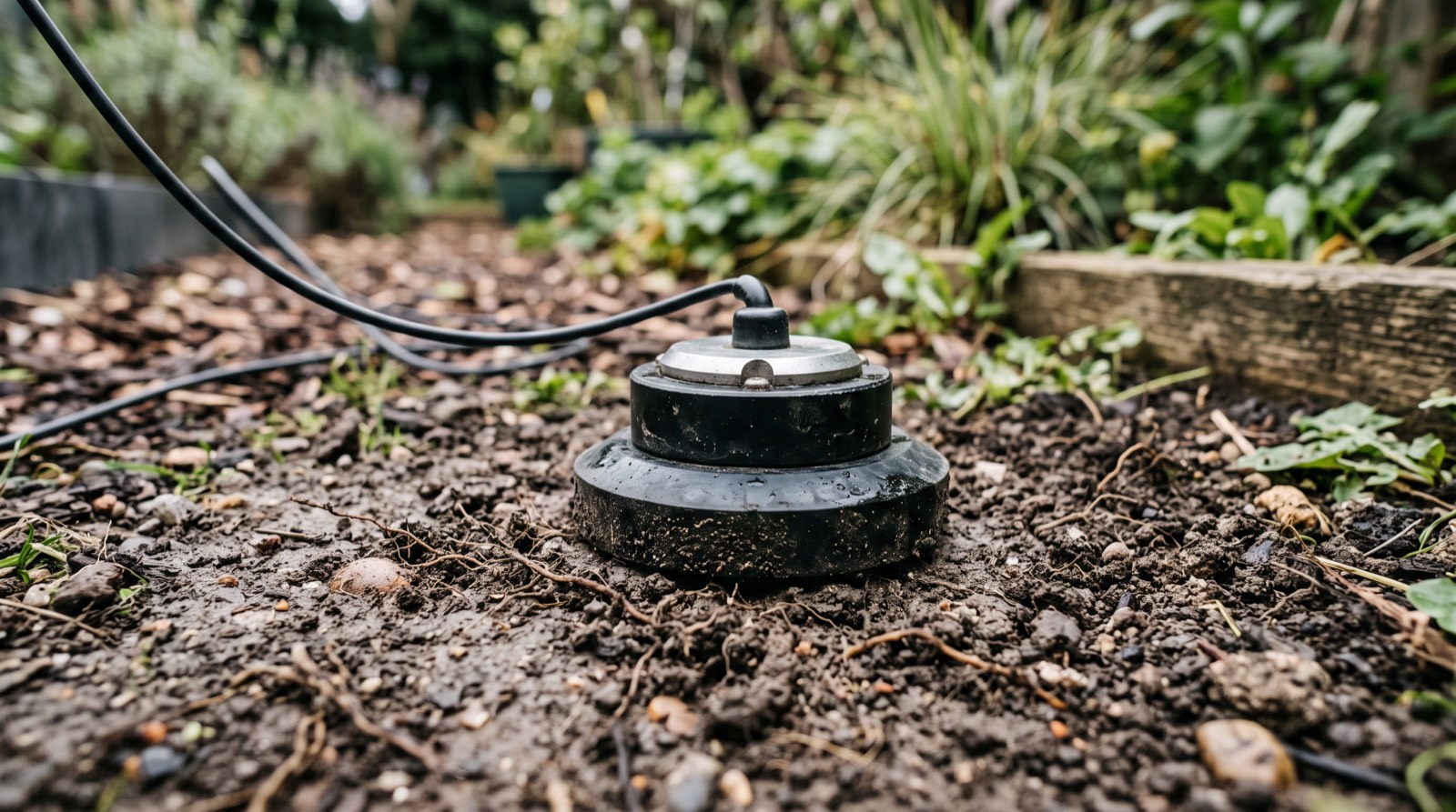 Capteur de corrélation acoustique posé sur le sol dans un jardin