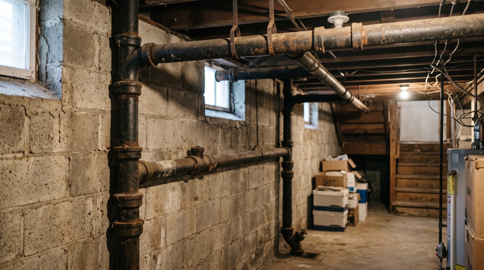 Canalisations communes dans un sous-sol d'immeuble