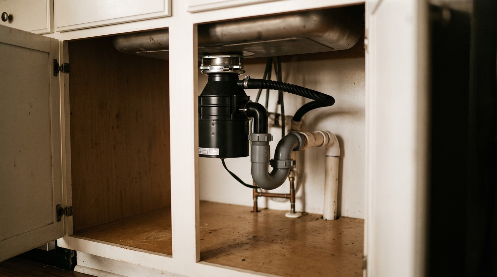 Dessous d'évier de cuisine avec siphon et flexibles visibles