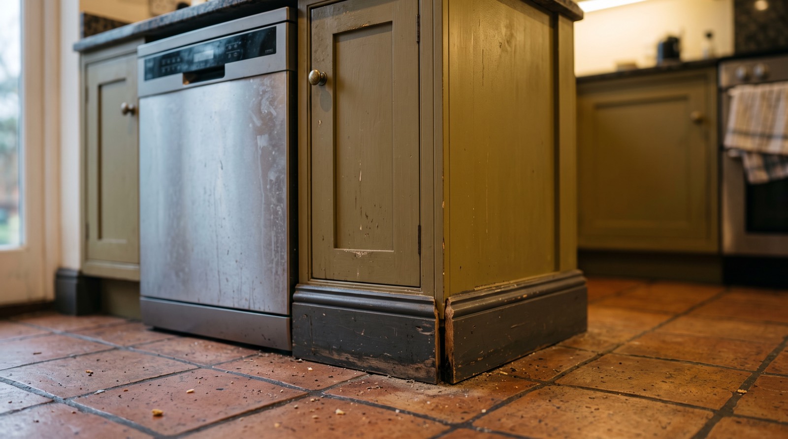 Meuble bas de cuisine avec plinthe légèrement décollée