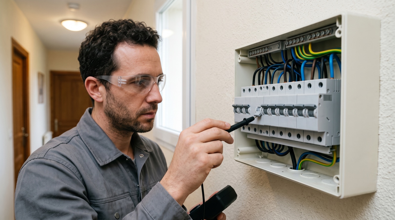 Tableau électrique domestique avec disjoncteurs, vue rapprochée