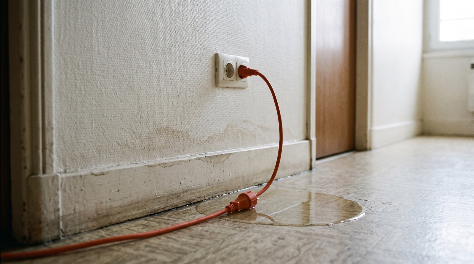 Prise électrique murale à proximité d'une zone humide au sol