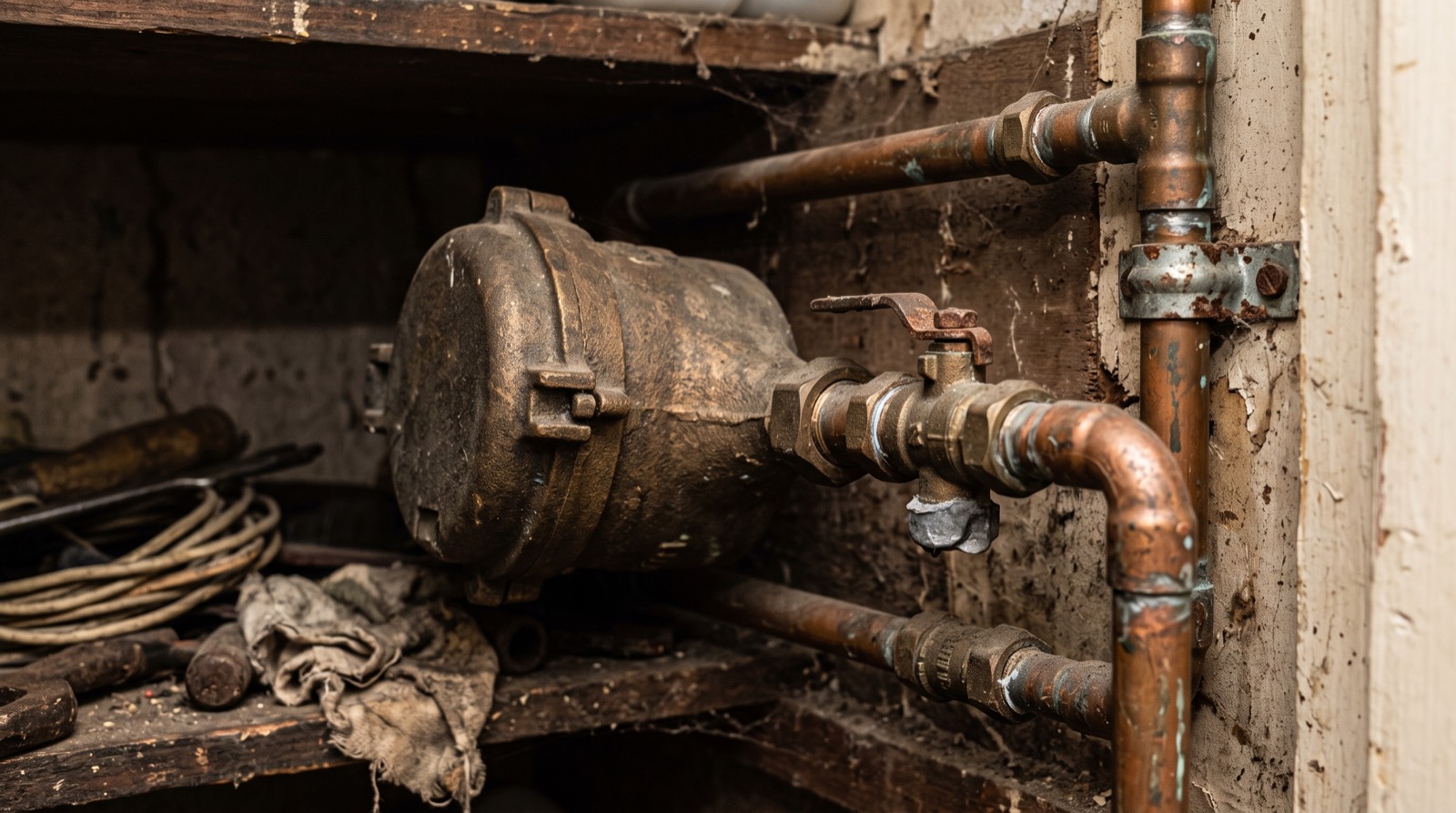 Compteur d'eau et raccords dans un placard technique