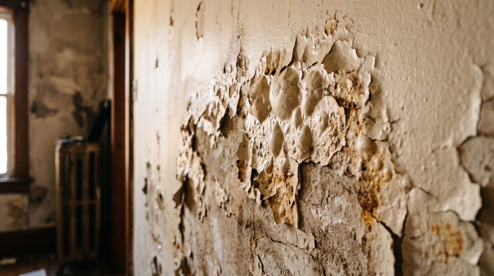 Peinture cloquée et écaillée sur un mur intérieur