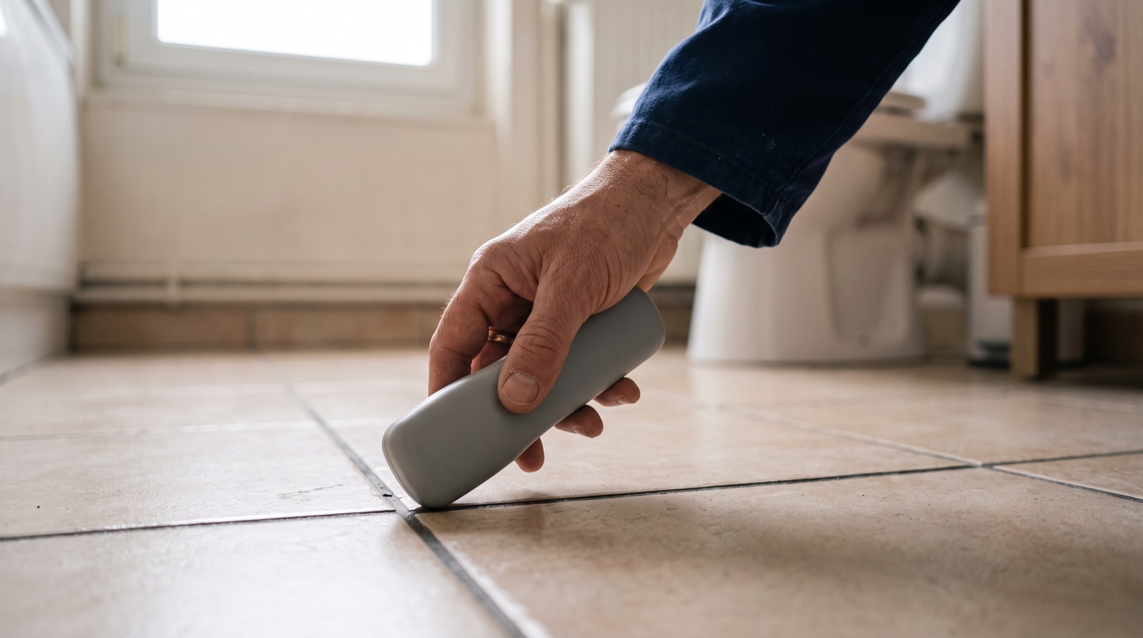 Technicien inspectant un joint de carrelage de salle de bain avec un détecteur portatif