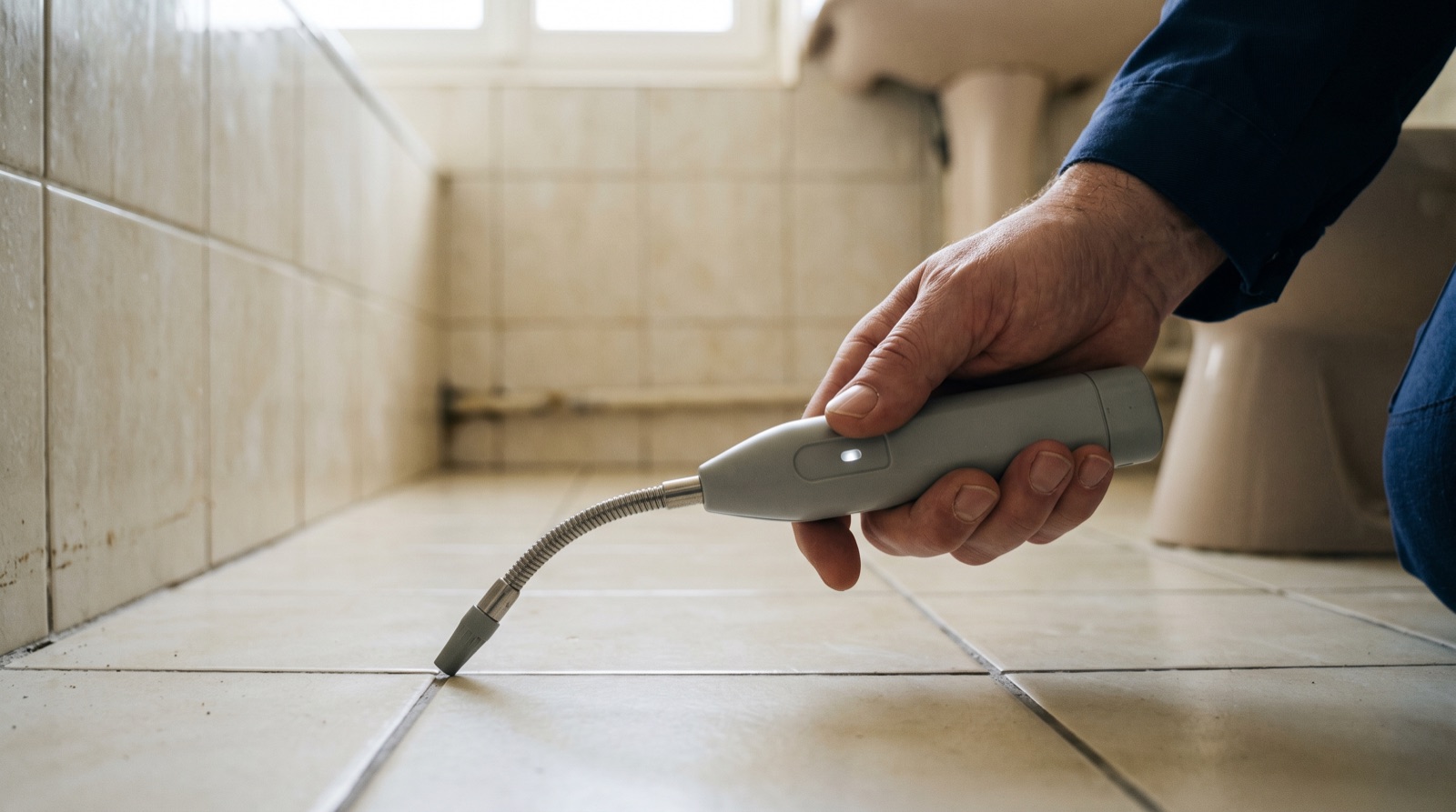 Détecteur de gaz traceur utilisé près d'un joint de carrelage au sol