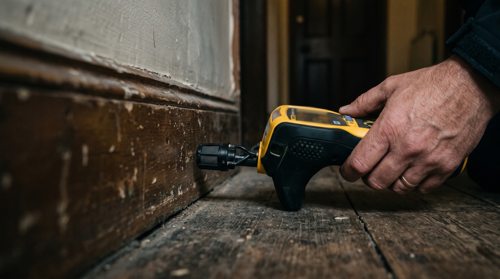 Détecteur de gaz portable utilisé près d'une plinthe à l'intérieur