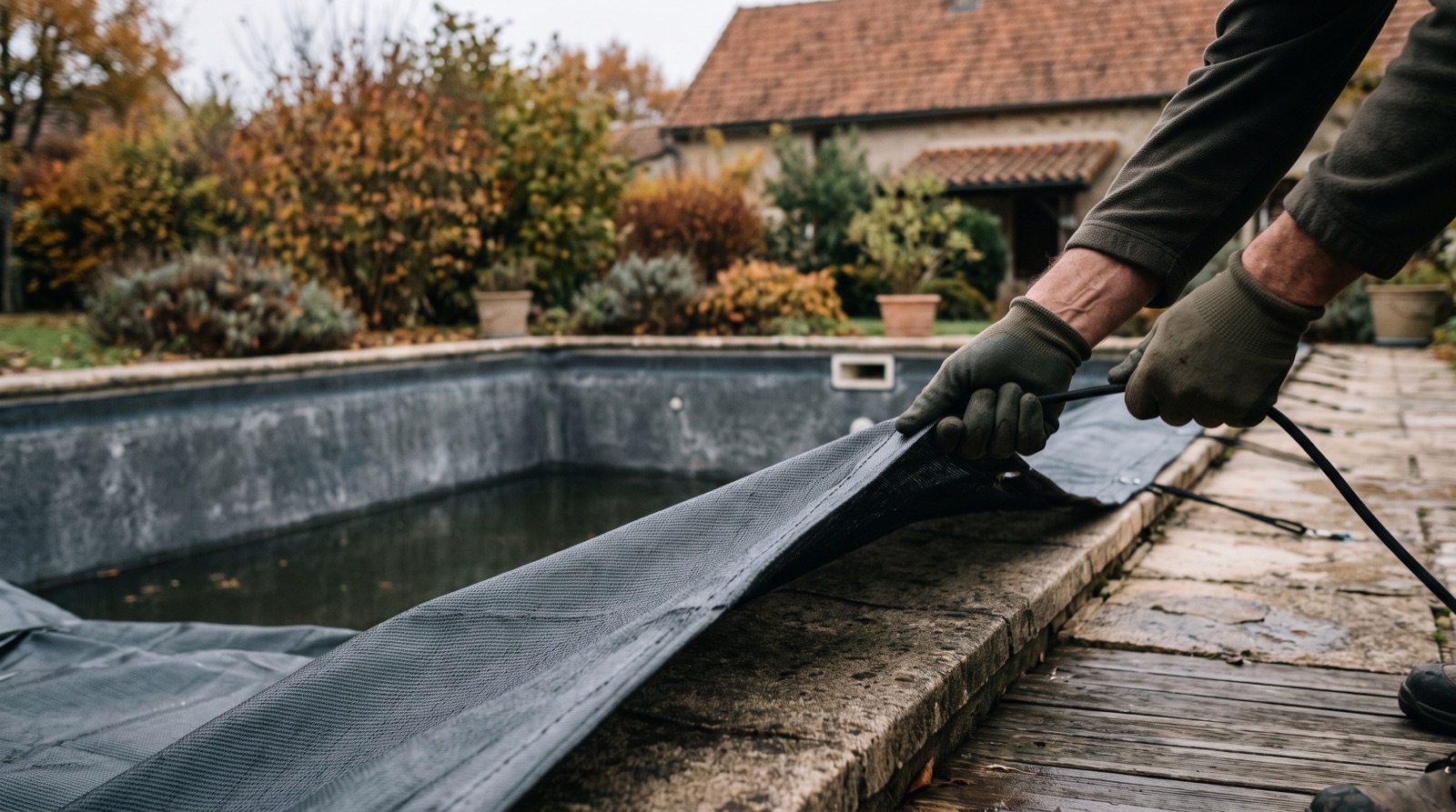 Piscine extérieure recouverte d'une bâche d'hivernage, entourée d'un jardin en automne