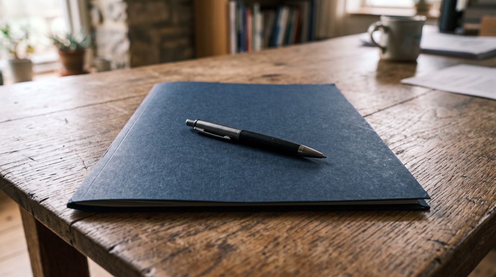 Dossier fermé avec un stylo posé dessus sur une table
