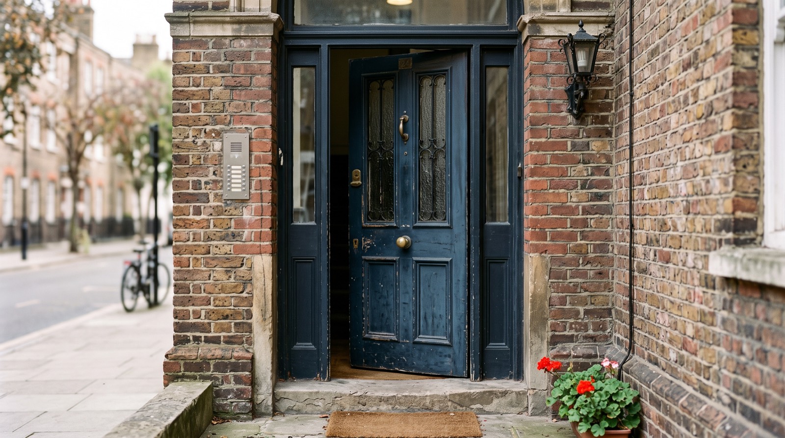 Entrée d'un immeuble résidentiel avec porte et interphone