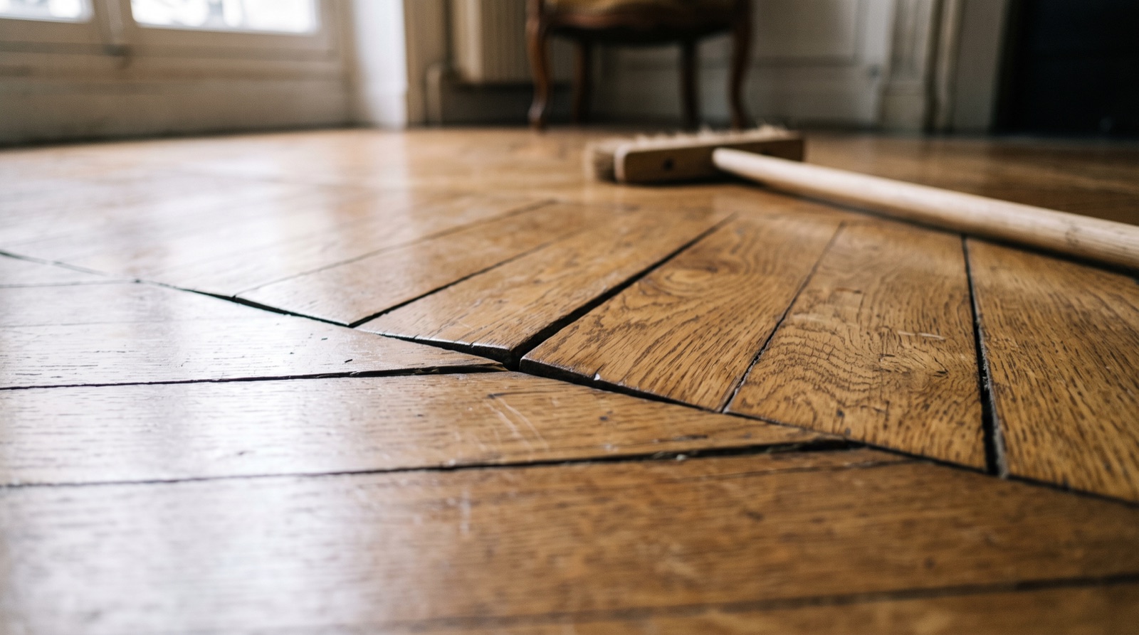 Lames de parquet en bois massif légèrement gondolées près d'une zone humide