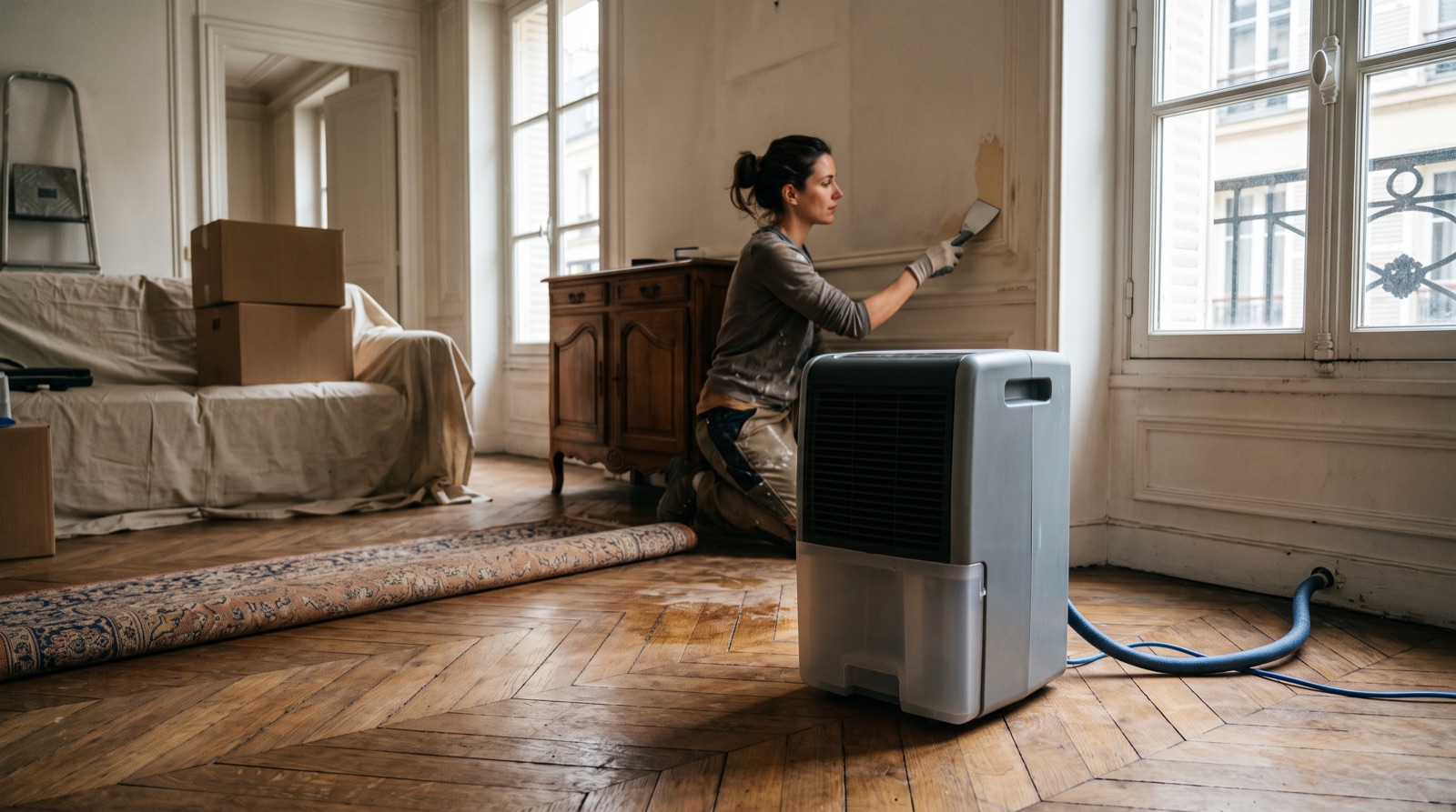 Déshumidificateur professionnel installé dans une pièce au sol en parquet
