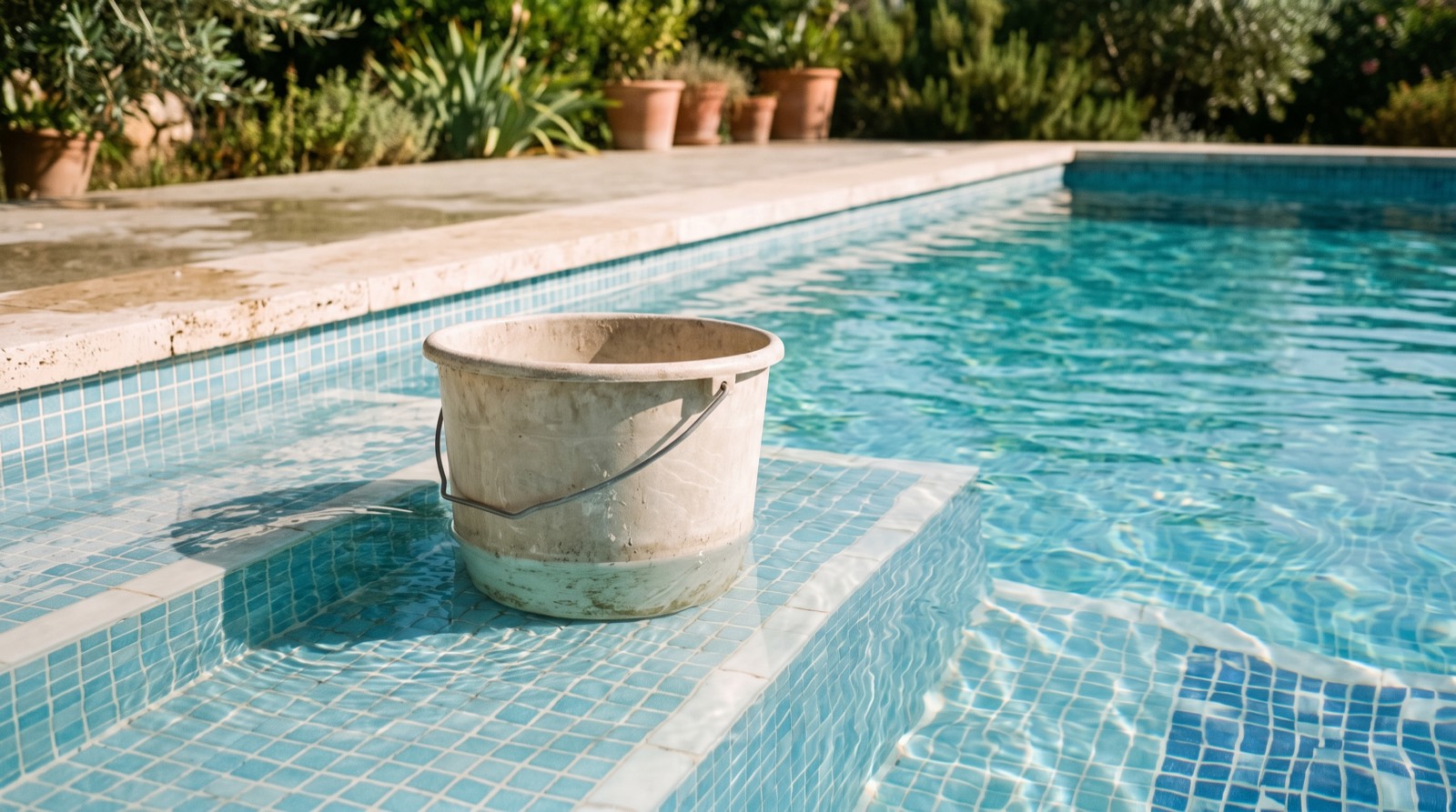 Seau posé sur une marche de piscine, à moitié immergé