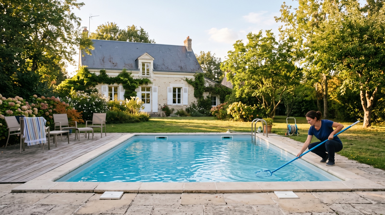 Jardin avec piscine et pavillon en arrière-plan, ambiance de fin d'été
