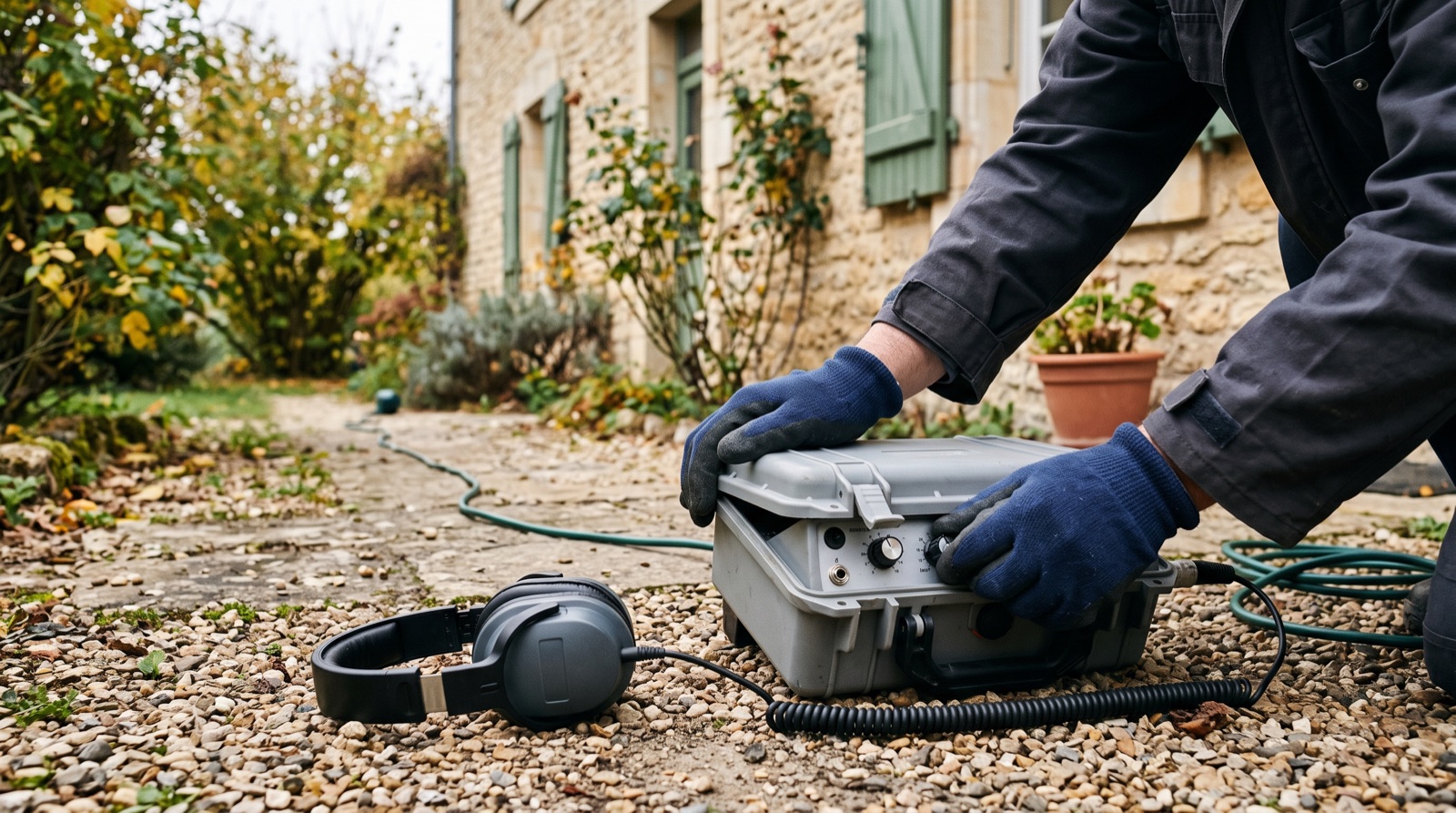 Technicien utilisant une caméra thermique face à un mur intérieur