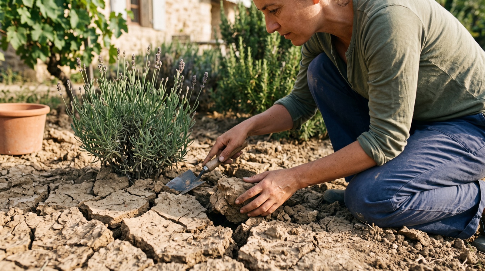 Sol de jardin craquelé par la sécheresse, fissures visibles à la surface de la terre