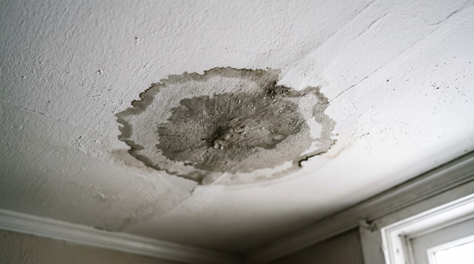 Tache d'humidité fraîche sur un plafond de salon
