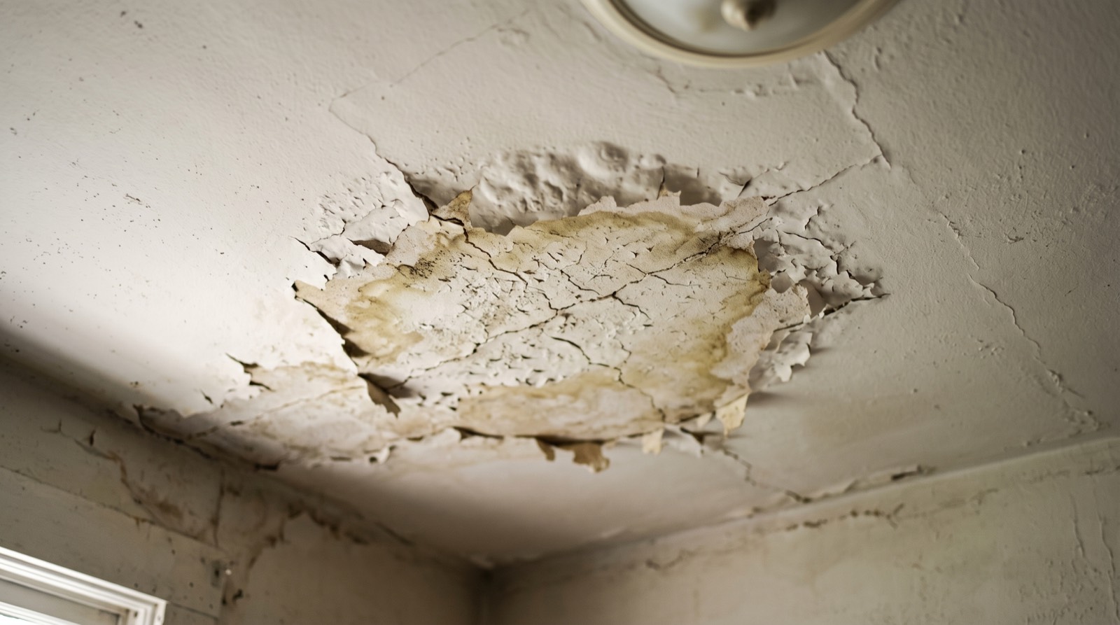 Plafond avec peinture légèrement cloquée autour d'une tache
