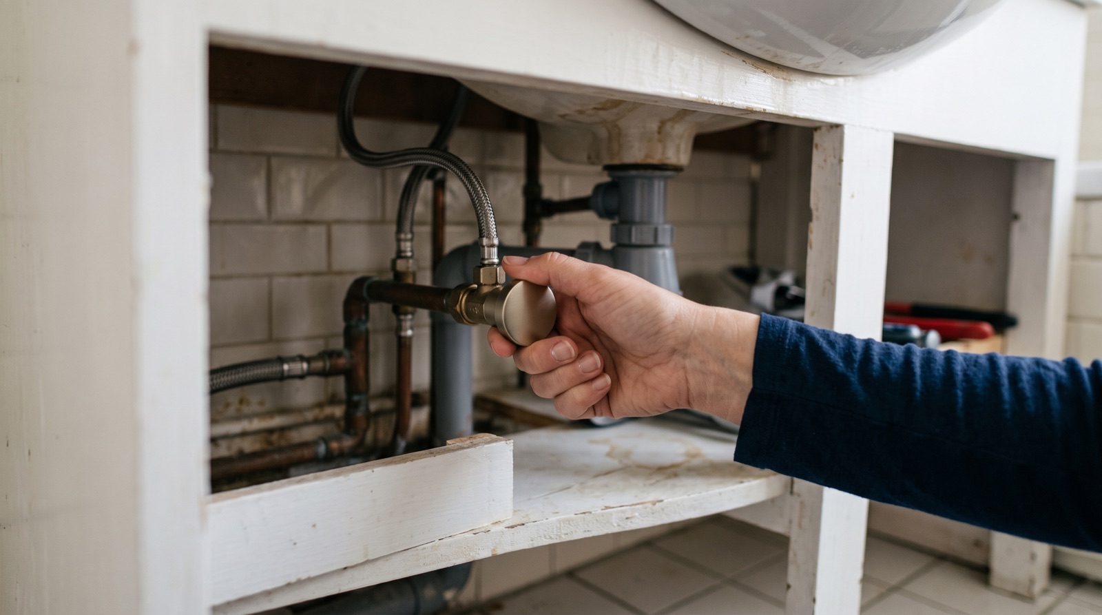 Main actionnant une petite vanne d'arrêt localisée sous un lavabo