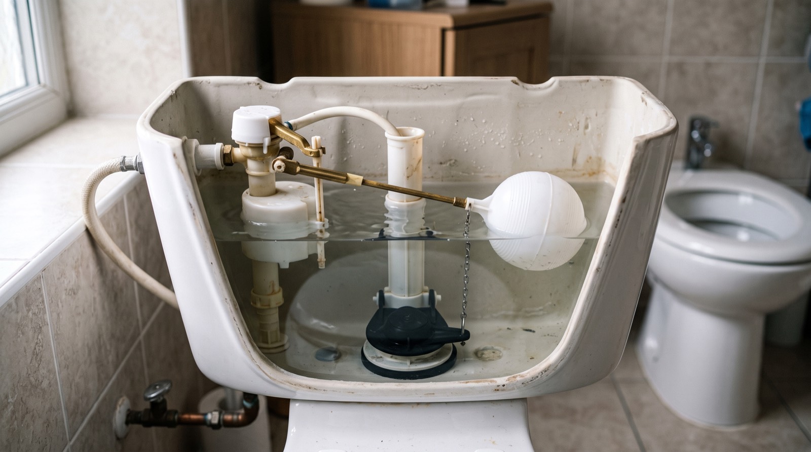 Réservoir de chasse d'eau ouvert avec clapet et flotteur visibles